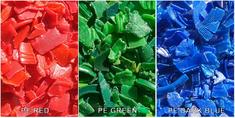 Les flocons de plastique PE séparés (PE ROUGE/PE VERT/PE BLEU) sont acceptés après tri.