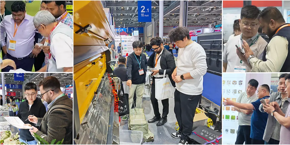 Collage of on-site photos from international agricultural machinery exhibition, APEX technical staff demonstrate Model A+AI AI grain color sorter to global overseas buyers, customers watch real seed sorting test and discuss intelligent fine sorting solutions for premium miscellaneous grain processing