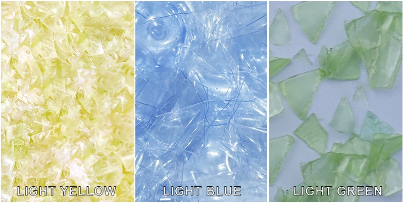 APEX sépare les flocons de PET après tri, en les classant par couleur jaune clair, bleu clair et vert clair.