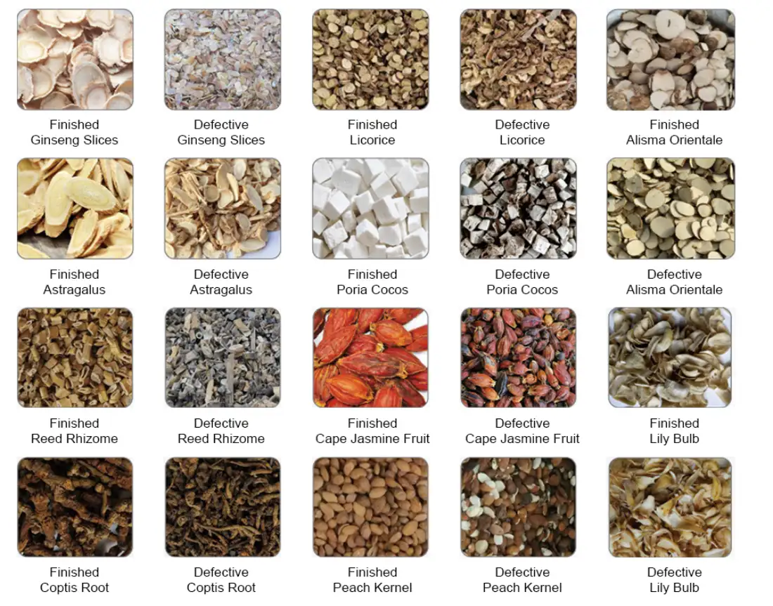 Gráfico comparativo do efeito de classificação da classificadora de cores de correia dupla APEX DL, exibindo amostras qualificadas e defeituosas de fatias de ginseng, astrágalo, cocos, alisma orientalis, raiz de coptis e outros materiais medicinais chineses. A estrutura de classificação em duas camadas remove completamente fragmentos descoloridos, restos mofados, resíduos apodrecidos e impurezas misturadas que passam despercebidas pelos equipamentos de classificação de camada única, enquanto o transporte por correia flexível impede que as fatias de ervas quebradiças se partam e se esmaguem durante o processamento em grande escala.