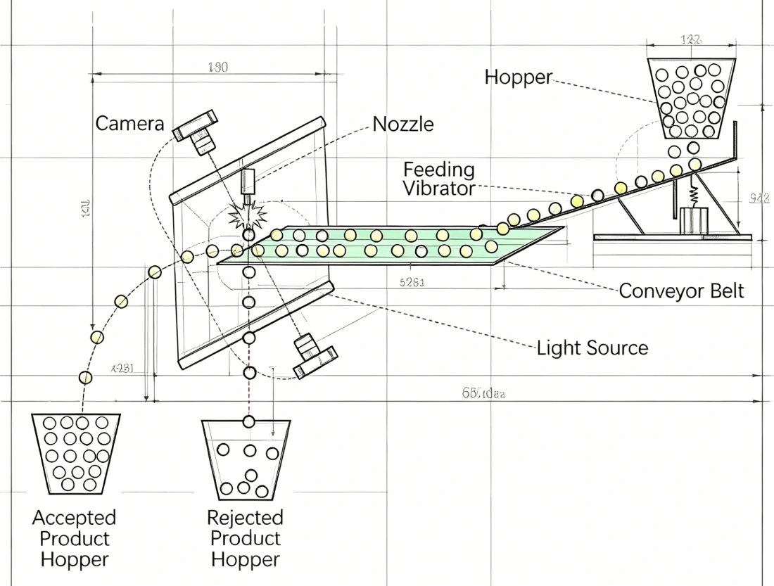 Schéma structurel coté de la trieuse de noix intelligente APEX LS AI. Les noix brutes sont alimentées par la trémie et réparties uniformément sur le convoyeur flexible grâce au vibreur d'alimentation. Une source lumineuse adaptée, une caméra couleur et un module infrarouge à vision unique, associés à un algorithme d'apprentissage profond, identifient les défauts internes et externes les plus infimes des noix. Les noix défectueuses sont éjectées dans la trémie de rejet par des buses à grande vitesse, tandis que les noix intactes et conformes tombent dans la trémie de réception. Le transport sur un convoyeur souple et plat prévient efficacement la fissuration de la coque et le bris de l'amande. Le système d'IA assure une identification de haute précision des défauts les plus subtils, garantissant ainsi une production de noix de qualité export.