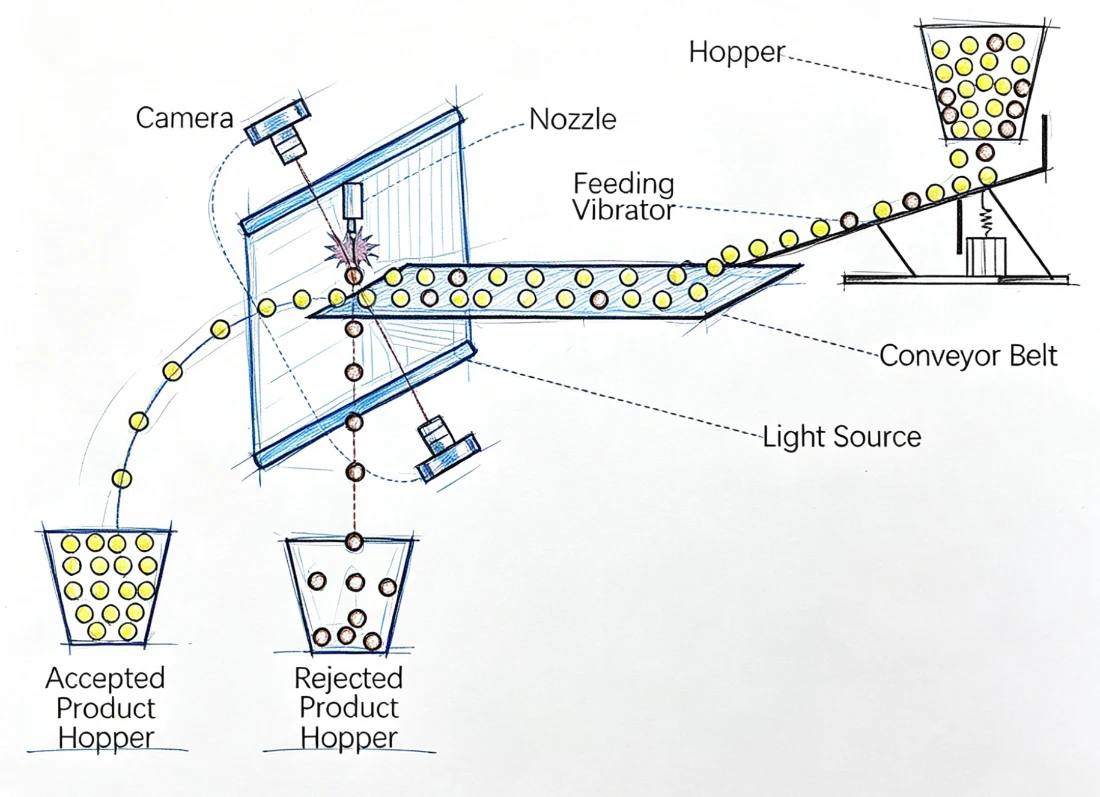Schéma de principe de fonctionnement du trieur optique de noix à bande monocouche APEX LS PLUS. Les noix brutes sont acheminées par la trémie et réparties uniformément sur la bande transporteuse souple grâce au vibreur d'alimentation. Une caméra et une source lumineuse, associées à des modules de détection infrarouge à vision simple ou double, inspectent les défauts de surface et les anomalies internes des amandes. Les noix défectueuses sont éjectées dans la trémie de rejet par des buses à grande vitesse, tandis que les noix intactes et conformes tombent dans la trémie de produits finis. Le transport par bande plate évite efficacement le fendillement des coques et le bris des amandes, contrairement aux trieurs à chute libre verticale.