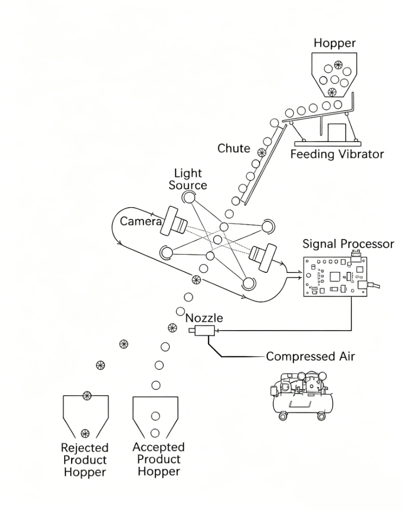 Schéma de principe de fonctionnement de la trieuse de noix intelligente APEX modèle N AI, intégrant la prise de vue CCD, la détection infrarouge à champ unique et un algorithme d'apprentissage profond IA industriel pour l'identification des défauts microscopiques dans le traitement des noix haut de gamme.