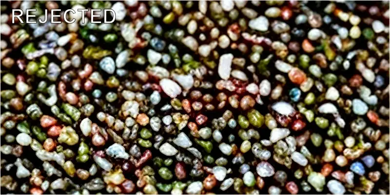 Rejected mixture of discolored mung beans, gravel and foreign impurities separated by Model A vertical grain sorting machine in small-scale mung bean processing